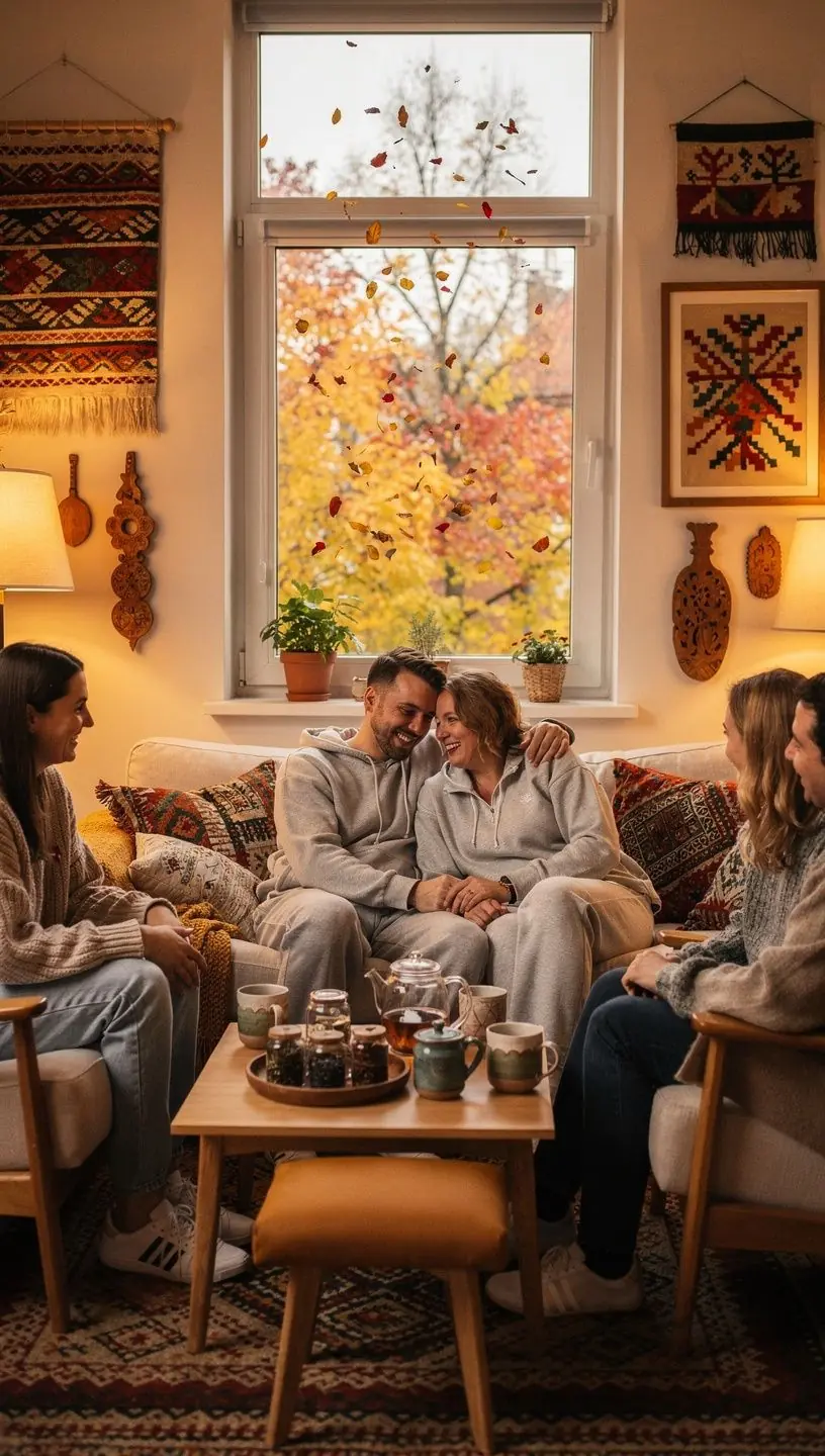 Moteris ramiai mėgaujasi arbatos gėrimu prie lango, sukurdama jaukią ir raminančią atmosferą.