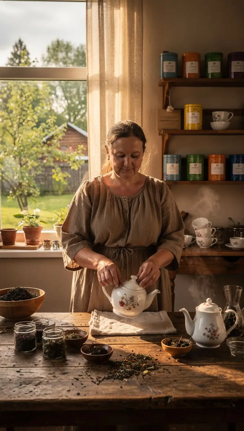 Laikrodis ir arbatos puodelis šalia, atspindintys subalansuotą dienos ritmą ir ramybės akimirkas.