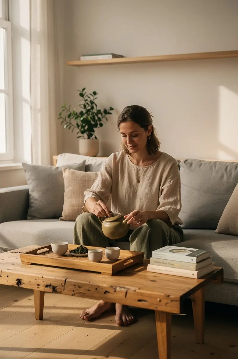 Raminantis arbatos puodelis ant medinio stalo, švelniai apšviestas natūralios šviesos.